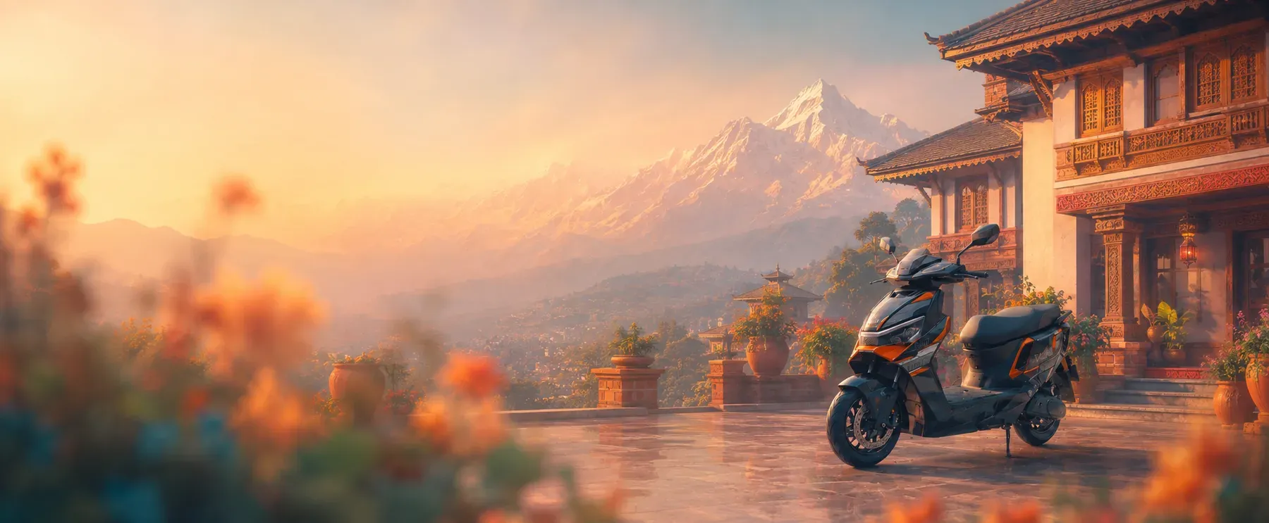 An electric scooter on a terrace above the Kathmandu valley at golden hour